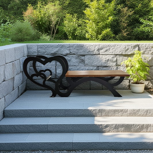 Romantische Holzbank mit Herzmotiv
